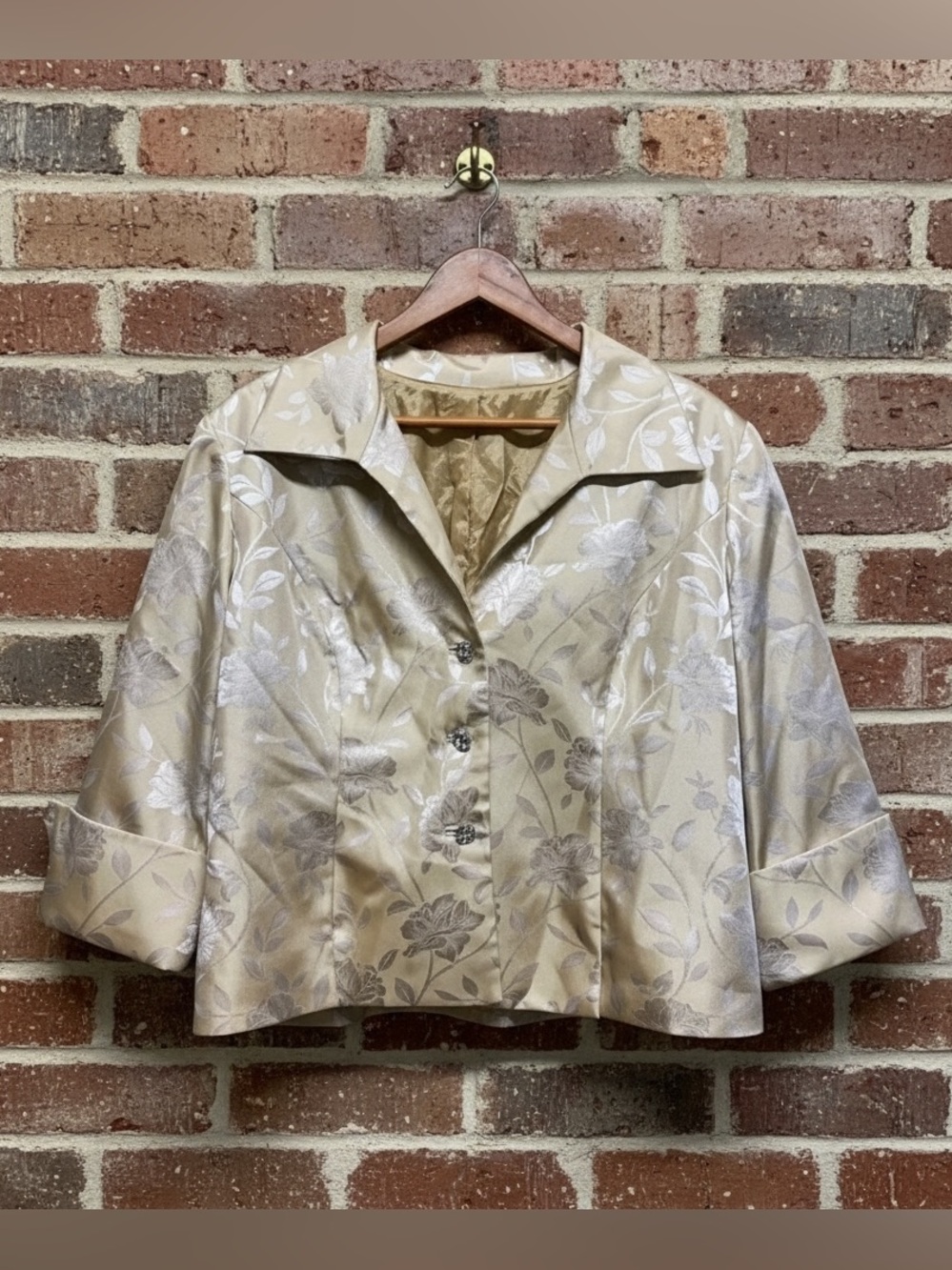 Vintage Satiny Yellow Damask Chunky Button Padded Shoulder Jacket Plus Size 18